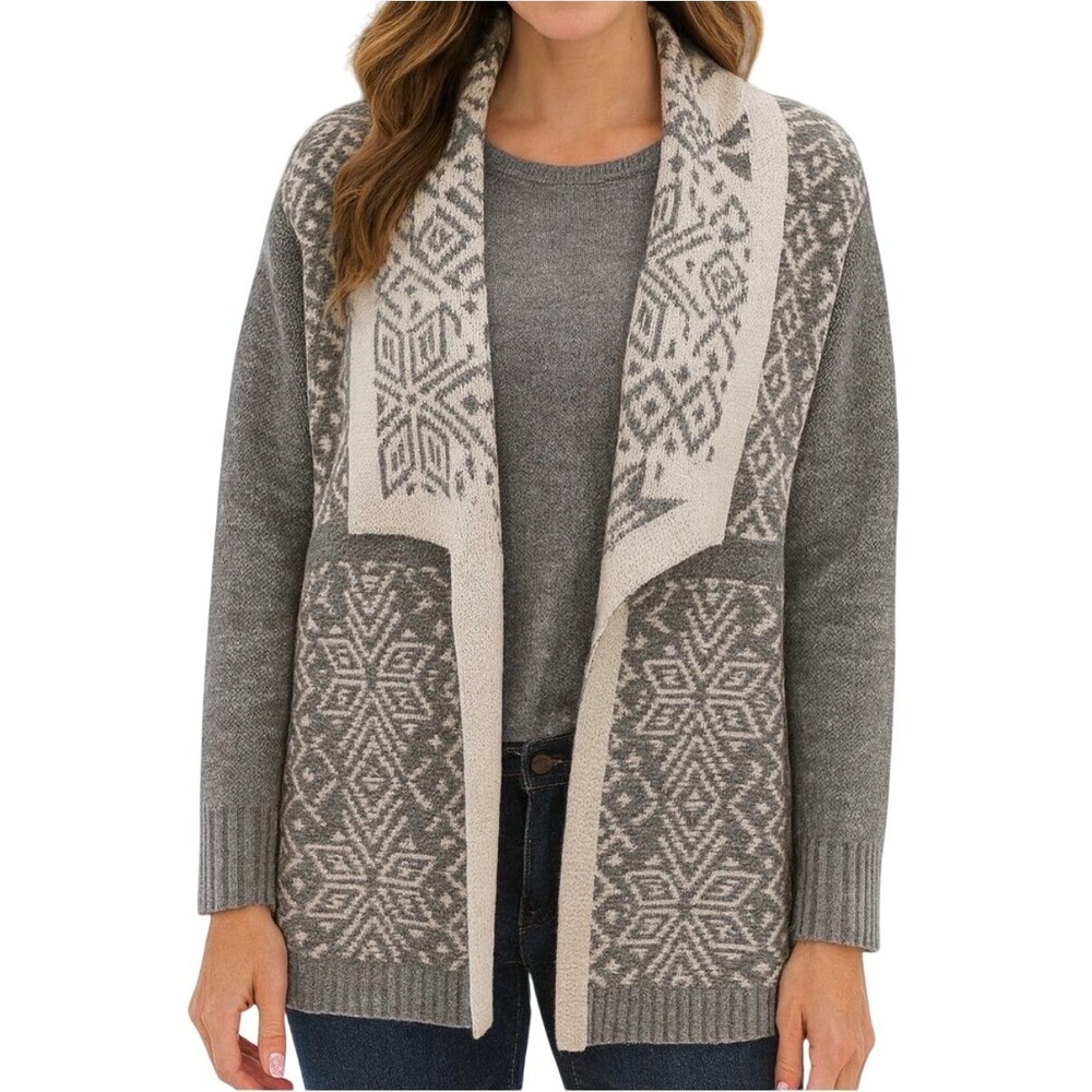 Talbots Snowflake Fair Isle Shawl Collar Cardigan Women's Medium Petite‎ Gray